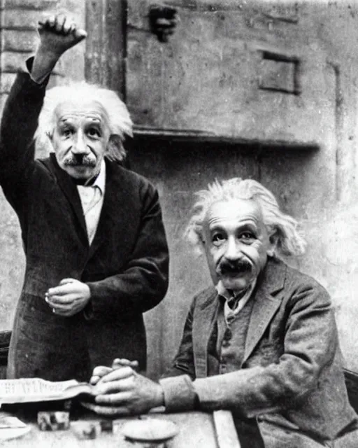 Image similar to an realistic photo of Albert Einstein holding a hand with 7 finders