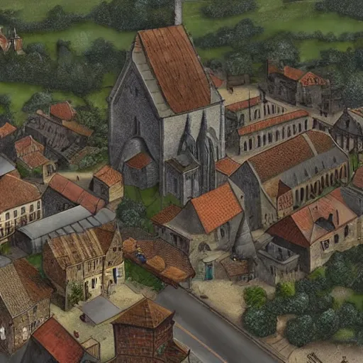 Prompt: a small medieval town, rural, blacksmith, town square, church, cartographism!!!!