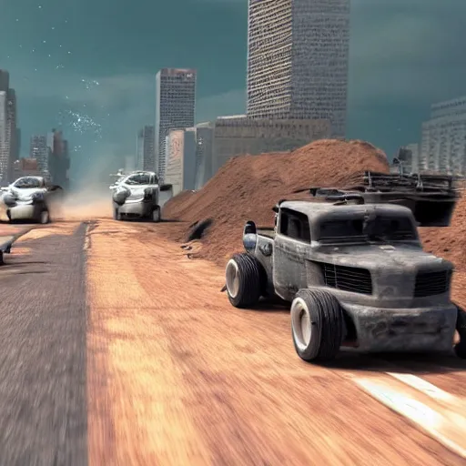 Prompt: a post apocalyptic car chase in the style of mad mad, low view, truck racing into camera