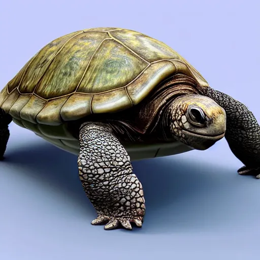 Image similar to Hyperrealistic uncanny valley Turtle in the style of Unreal Engine, hard surface, textured, slimy