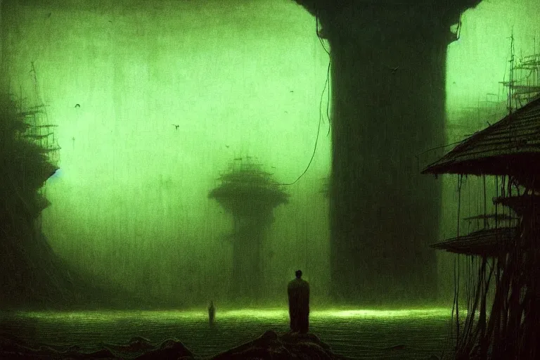 Image similar to man standing on the pier against flyflies and big trees, in the style of beksinski, solarpunk, atmospheric, clean, intricate and epic composition, green by caravaggio, insanely quality, highly detailed, masterpiece, blue light, artstation, 4 k