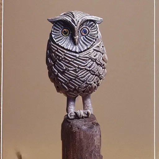 Prompt: ornate small owl idol made of bone with intricate carvings and realistic yellow owl eyes. museum catalog photograph with ruler for scale