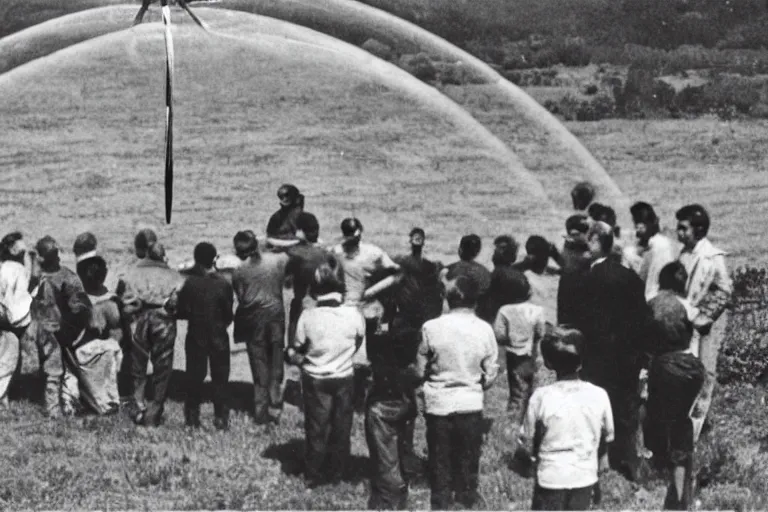 Prompt: an old photo of people looking at metal saucer flying in the skin on the neighborhood