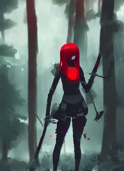 Image similar to red haired japanese girl in light black armor, midfigure front, grey forest background, by ismail inceoglu