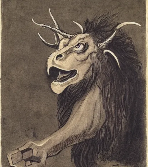 Image similar to a creature with the body and eyes of a man, with the beak of an eagle, the mane of a lion, and the horns of an ox. drawn by francis bacon