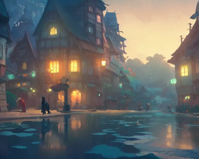 Prompt: fantasy town novigrad, cory loftis, james gilleard, atey ghailan, makoto shinkai, goro fujita, studio ghibli, rim light, exquisite lighting, clear focus, very coherent, plain background, soft painting