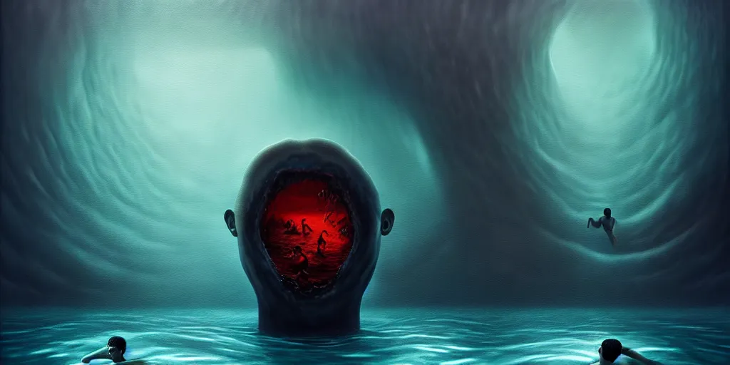 Prompt: uncanny personified emotion monsters swim towards the surface, dramatic lighting, attempting to escape to the surface and start a revolution, in a dark surreal painting by ronny khalil