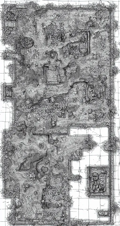 Image similar to a black and white dungeon map. d & d battlemap. small dungeon. a few large rooms. clean design. high definition etching