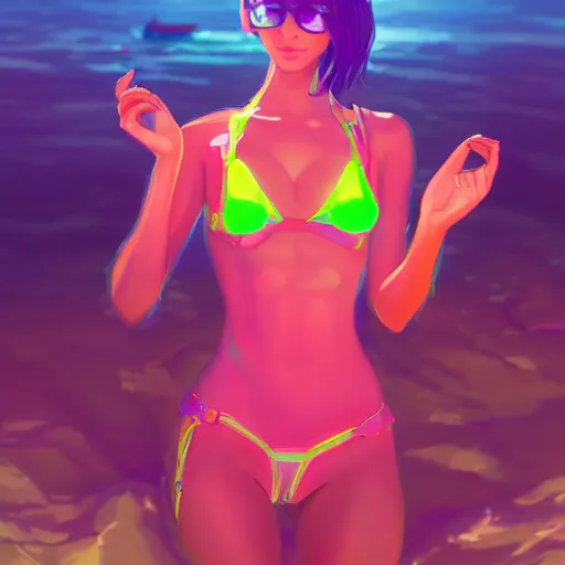 Image similar to neon bikini woman in the ocean | hyperrealistic digital painting by makoto shinkai, ilya kuvshinov, lois van baarle, rossdraws | afrofuturism in the style of hearthstone and overwatch, trending on artstation