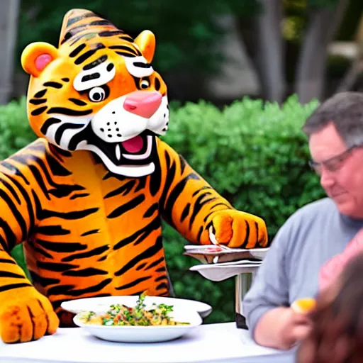 Image similar to tony the tiger eating a juicy steak while people watch