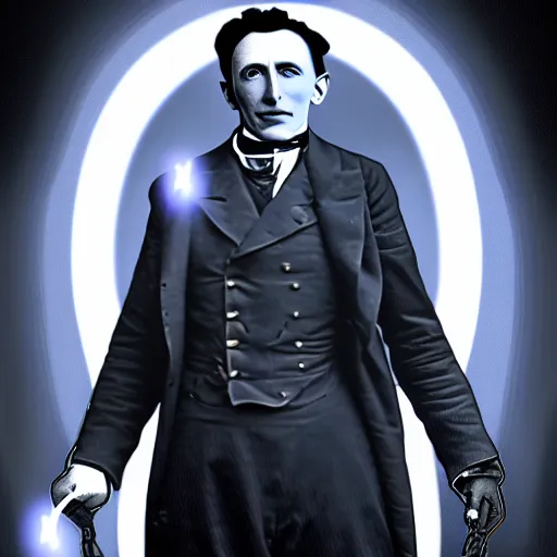 Prompt: nicolas tesla with thunderbolts around him and glowing white eyes, photorealistic, 4 k, ultra detailed