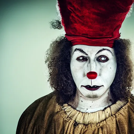 Image similar to stunning beautiful portrait photography of a medieval clown from national geographic magazine award winning, dramatic lighting, taken with Sony alpha 9, sigma art lens, medium-shot