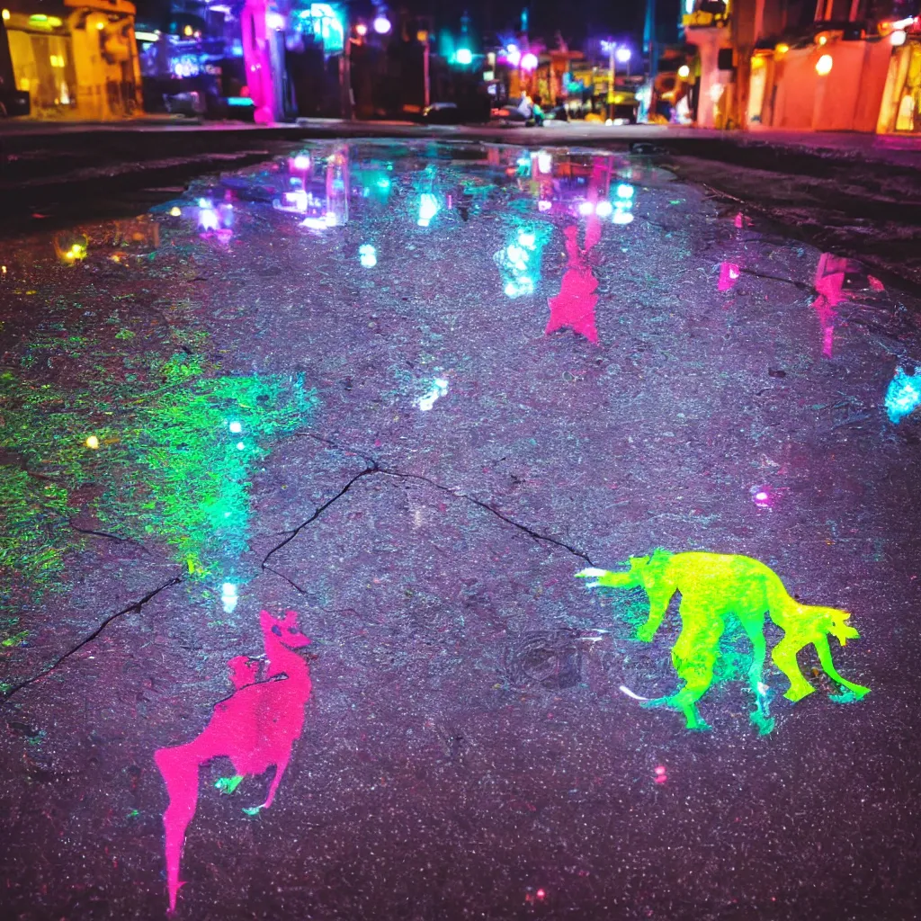 Prompt: a neon unicorn reflecting in a puddle at night