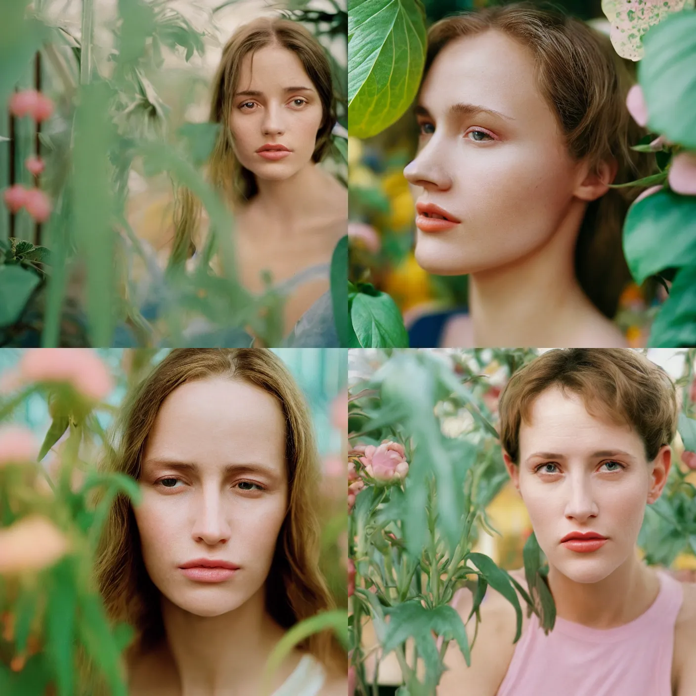 Prompt: head and shoulder, close up portrait photograph of a beautiful woman inside a greenhouse by mark owen. pastel colors. portra 4 0 0 film. mamiya 7. highly detailed. hq. photoreal. golden hour. raw. in - frame