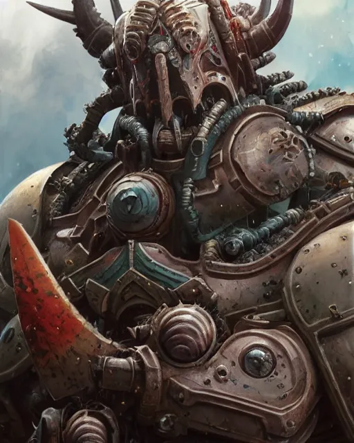 Image similar to hyper realistic portrait of heroic warhammer android head, cinematic, chaos marine, khorne tzeentch nurgle slaanesh, artstation, cgsociety, full head and shoulders, greg rutkowski, james gurney, mignola, craig mullins, brom