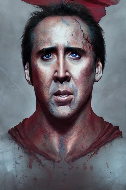 Image similar to Portrait of Nicolas Cage as superman, DC, dark fantasy, intricate, smooth, artstation, painted by Wayne Barlowe, Greg Rutkowski, Zdislav Beksinski