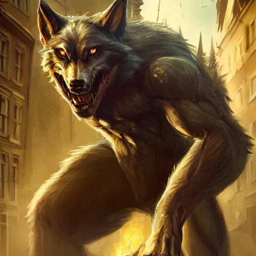 Image similar to werewolf in the downtown city lviv market square, portrait, highly detailed, full body, digital painting, trending on artstation, concept art, sharp focus, illustration, art by artgerm and greg rutkowski and magali villeneuve