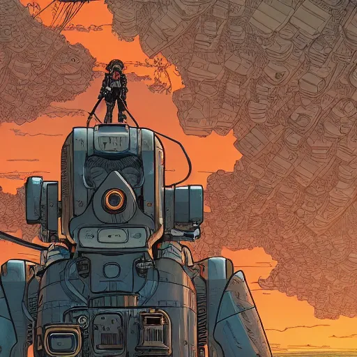 Image similar to hyper detailed comic illustration close up of a young explorer wearing a cyberpunk headpiece sitting on the head of a giant robot watching the sunset in the distance, by Josan Gonzalez and Geof Darrow, highly detailed, 8k wallpaper