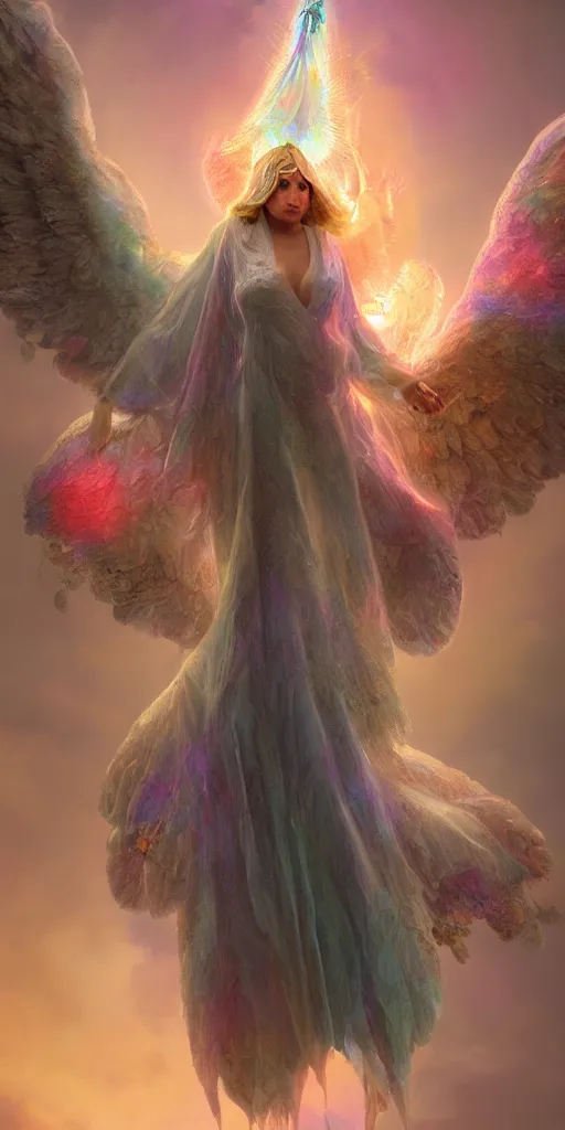 Prompt: matte painting of a divine heavenly angel coming down from heaven, fantasy forest, iridescent beetle, volumetric light, super colorful, by james zapata, sergey vasnev, trending on artstation, photorealistic, photography, intricate art