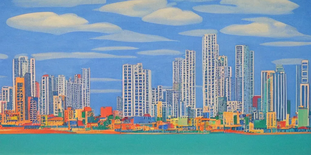 Prompt: panama city skyline by mainie jellett, matte colors, day, sky