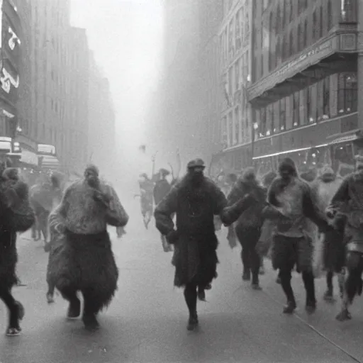 Prompt: old black and white photo, 1 9 1 3, depicting a techno viking shaman rampaging through the bustling streets of new york city, historical record, volumetric fog