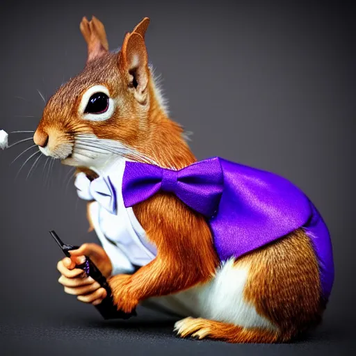 Image similar to photo-realistic purple squirrel wearing a bowtie and smoking a pipe