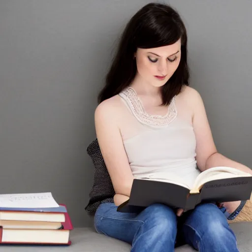 Image similar to Scottish woman with dark hair and pale skin reading a book