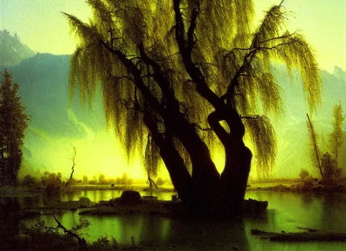 Prompt: oil painting of a willow tree next to a raging river by albert bierstadt, beautiful lighting