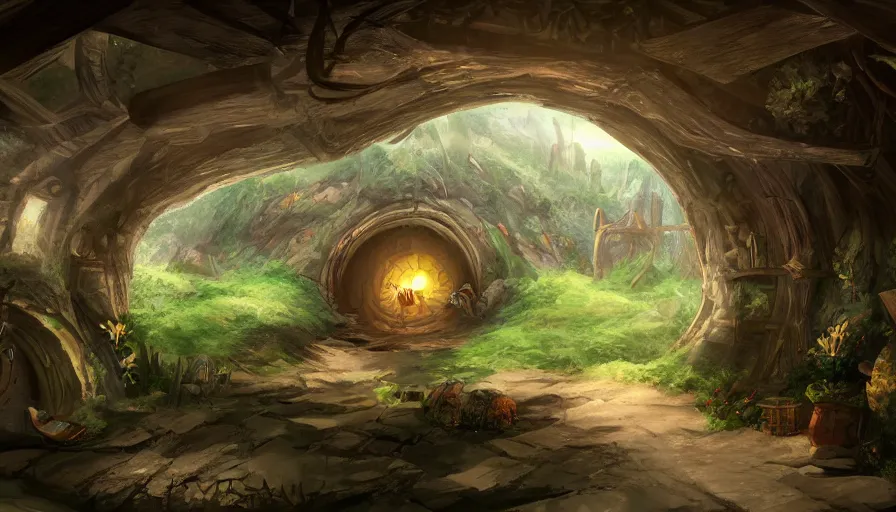 Prompt: concept art of the inside of a hobbit - hole, digital art, trending on artstation