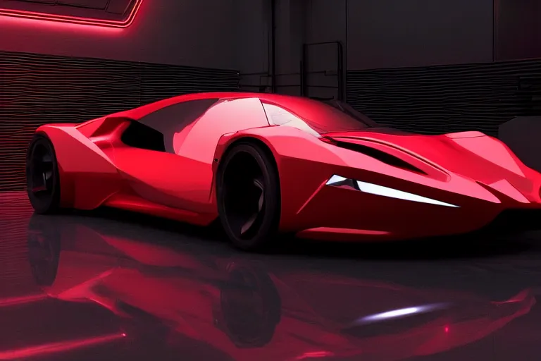 Image similar to cyberpunk ferrari concept inspired car, futuristic look, highly detailed body, very expensive, photorealistic camera shot, bright studio setting, studio lighting, crisp quality and light reflections, unreal engine 5 quality render