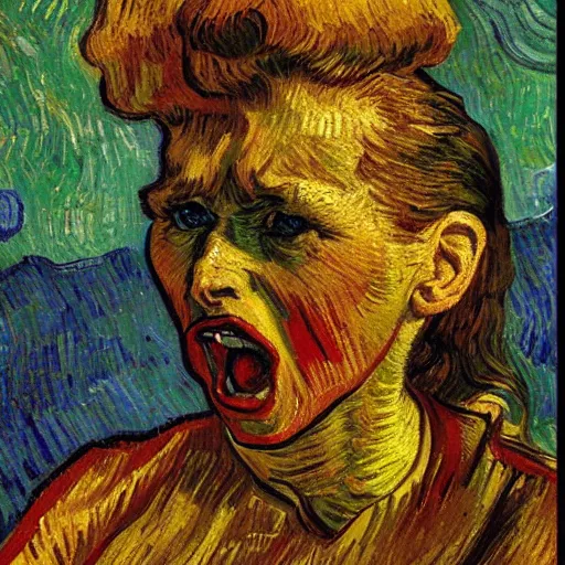 Image similar to high quality high detail painting by vincent van gogh, hd, screaming woman, photorealistic lighting