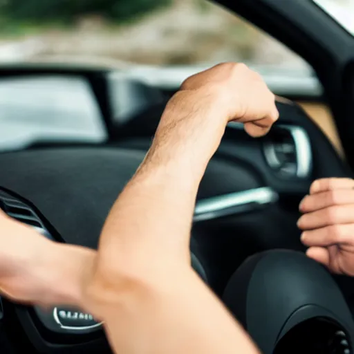 Prompt: muscular arm gripping a steering wheel at the top, first person pov, detailed,