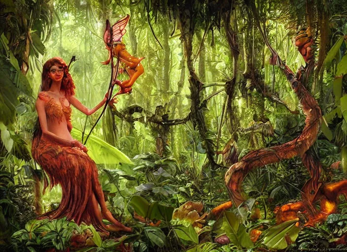 Prompt: lush nightlife in the jungle fairy foliage painting carved in amber by chiara bautista and norman rockwell and greg rutkowski weta studio