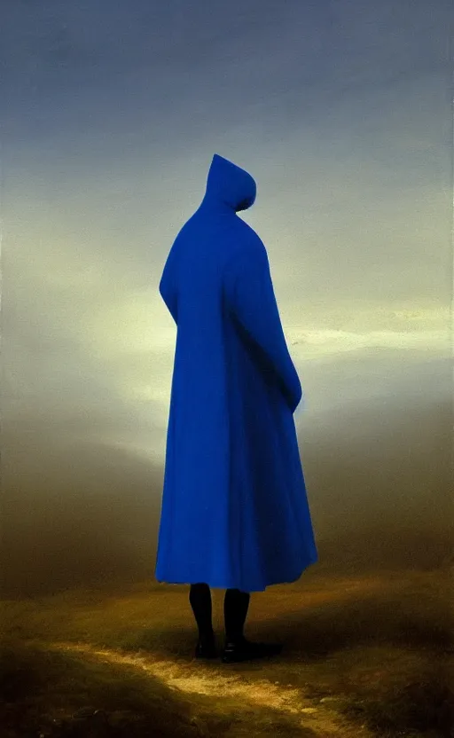 Prompt: oil painting of a blue caped man, lonely, depression, foggy background, standing in midground, blue sky, by capsar david friedrich