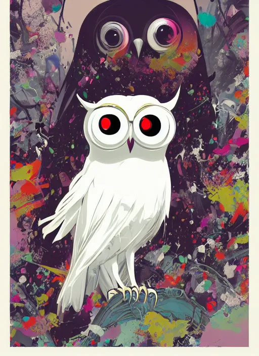 Image similar to arrogant elegant medium shot of white one - eyes owl dressed in samurai garment, pixiv fanbox, dramatic lighting, maximalist pastel color palette, splatter paint, pixar and disney exploded - view drawing, graphic novel by fiona staples and dustin nguyen, peter elson, alan bean, wangechi mutu, clean cel shaded vector art, trending on artstation