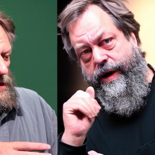 Prompt: Slavoj Žižek in a heated debate against Dan Harmon