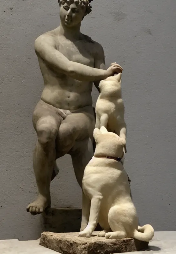 Prompt: ancient roman statue of a shiba inu feeding its young