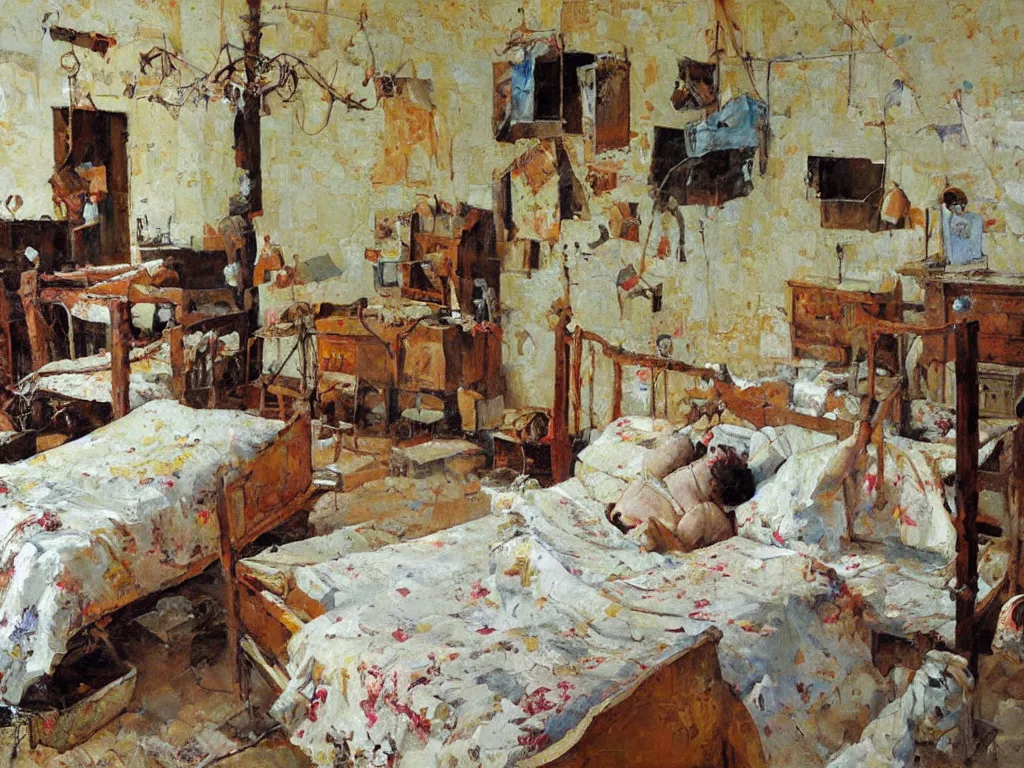 Image similar to bedroom, heatwave, Denis sarazhin, oil on canvas