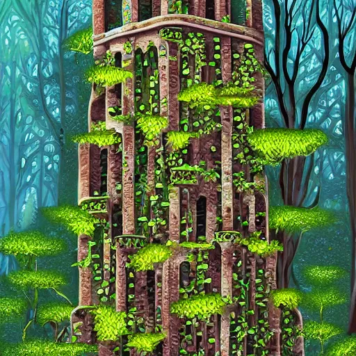 Image similar to ruins of a tower covered in creepers, beautiful, intricate, detailed, digital art painting