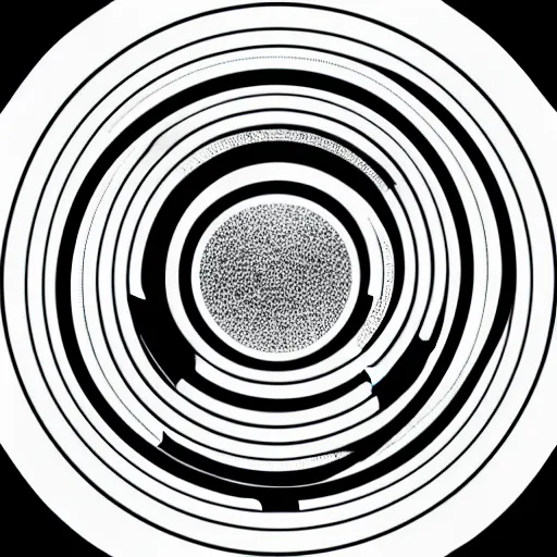 Image similar to a perfect circle, around the outer edge of the circle is the silhouette of a city skyline, inside the circle is empty, black and white, minimalist, in the style of a line drawing