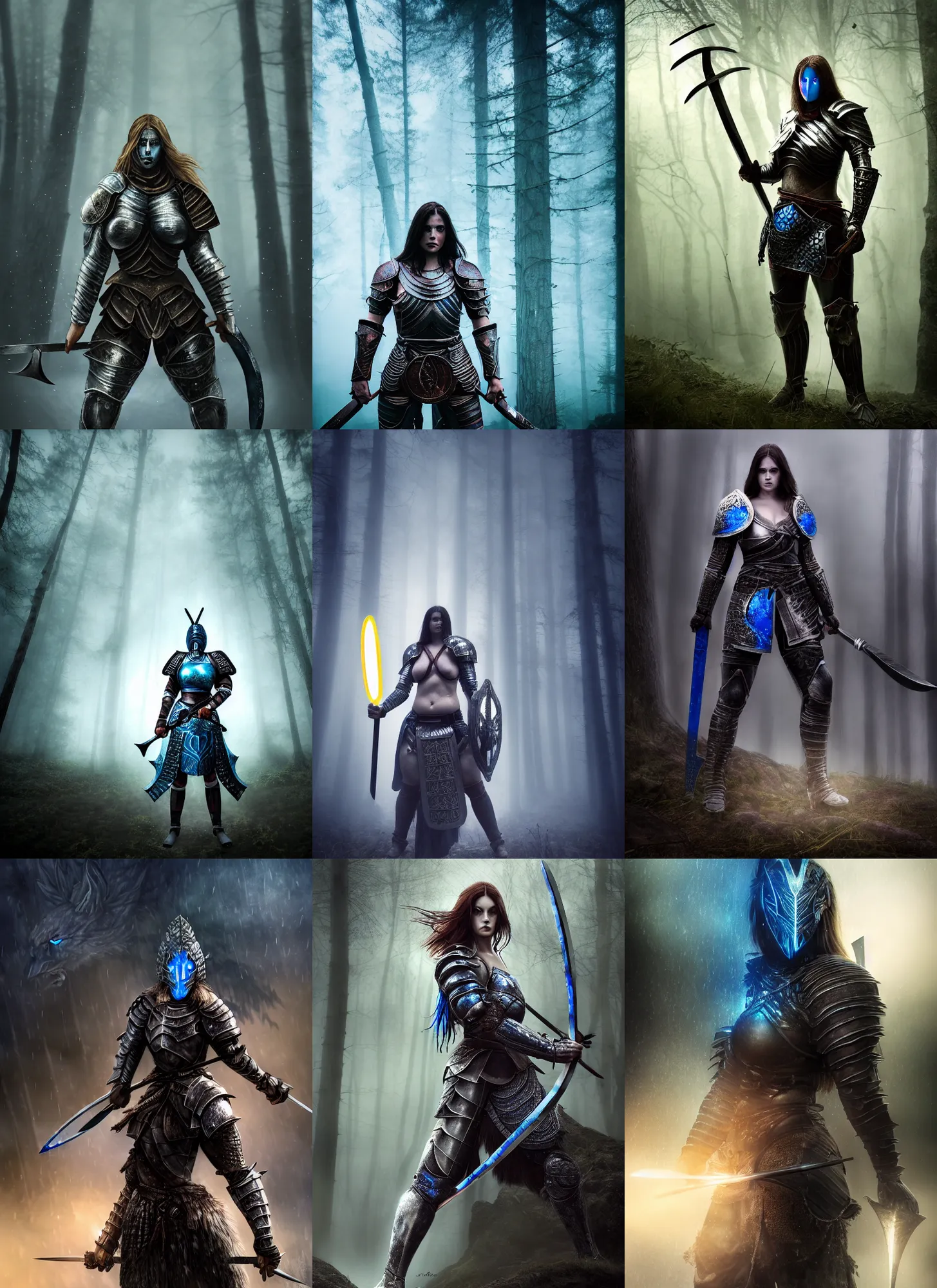 Prompt: big muscular female warrior with glowing blue eyes wielding two swords wearing full body knight armor, forest plains of yorkshire, misty forest, elden ring, dark souls, good value control, digital painting, sharp focus, symmetrical facial features, rule of thirds, 4k, centered, magic hour photography, atmospheric, moody colors