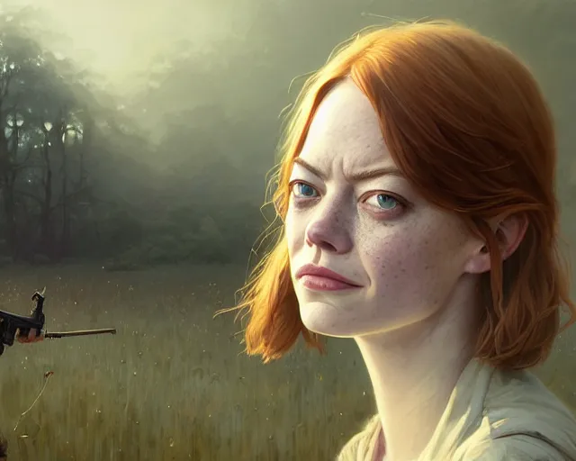 Image similar to highly detailed portrait of emma stone, in the walking dead, stephen bliss, unreal engine, fantasy art by greg rutkowski, loish, rhads, ferdinand knab, makoto shinkai and lois van baarle, ilya kuvshinov, rossdraws, tom bagshaw, global illumination, radiant light, detailed and intricate environment