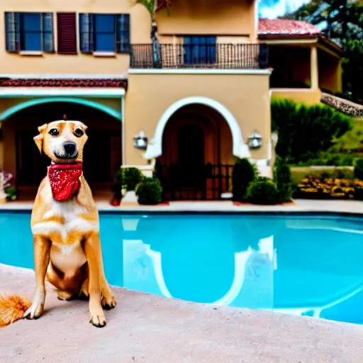 Image similar to a very detailed photo of a dog smoking a cigar outside the mansion by the pool