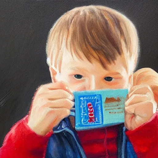 Image similar to little boy drinking hot chocolate and looking at his father wallet he hold in hand. in the background the father looking for his wallet. painting.