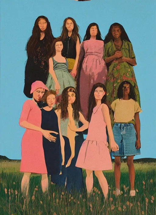 Image similar to composition by justine kurland, a zoomed out portrait of a group of beautiful diverse girls in diverse clothing in a scenic representation of mother nature and the meaning of life by billy childish, thick visible brush strokes, shadowy landscape painting in the background by beal gifford, vintage postcard illustration, minimalist cover art by mitchell hooks