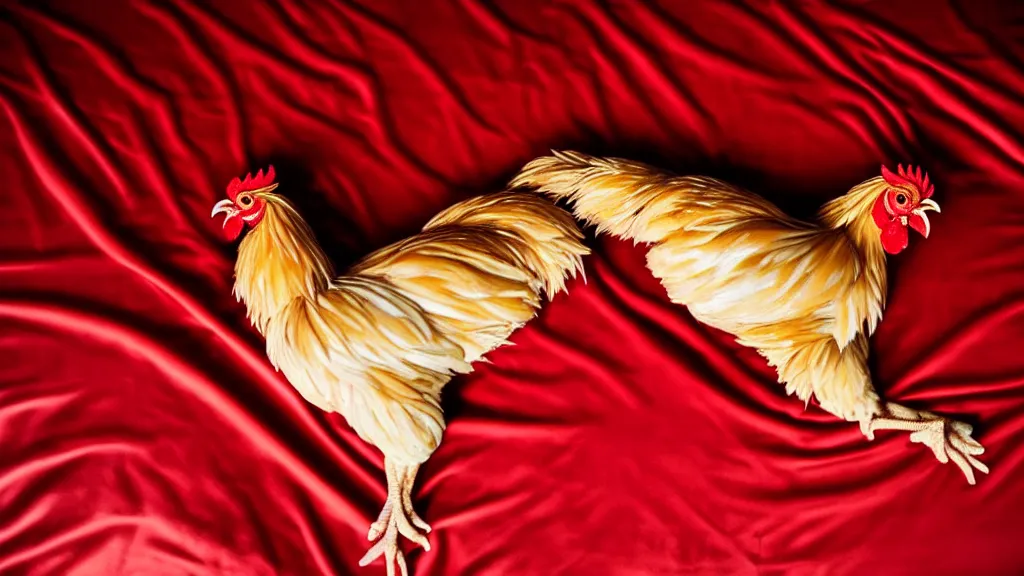 Image similar to A Extremely Stunning Detailed Full body picture of a singular isolated Chicken, lays down across the bed horizontally wearing a red dress while laying on a red Satin bed looking directly at you. 85mm, award winning