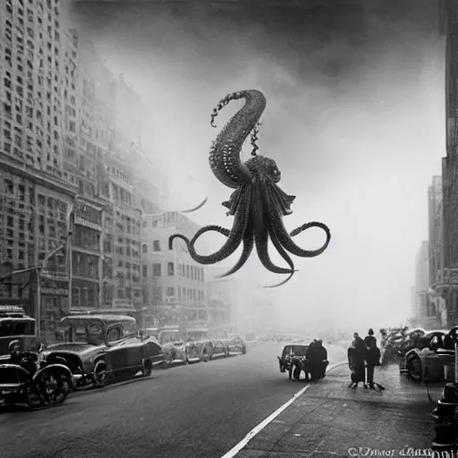 Prompt: old black and white photo, 1 9 1 3, depicting a giant alien dieselpunk octopus rampaging through the bustling streets of new york city, historical record, volumetric fog