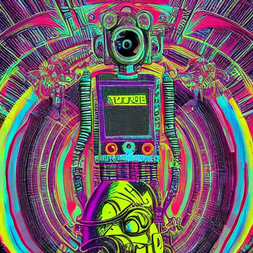 Prompt: mockup of a black hoodie with a hyperdetailed portrait of a steampunk robot on lsd in robert crumb style, 8 k, symetrical, flourescent colors, trippy mood, multicolored,