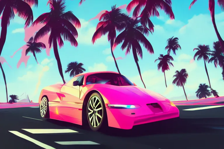 Image similar to render of a nissan driving along the coast highway, synthwave, outrun, 8 0 s, stylistic, neon, palms, 8 k wallpaper, digital art, trending on artstation