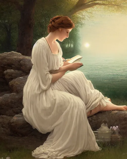 Image similar to a girl in white nightgown reading a book by the river, a full moon on the horizon, dark starry sky, golden orbs and fireflies, illustration, dramatic lighting, painting oil on canvas, art nouveau, 8 k, by edmund blair leighton, brom, charlie bowater, trending on artstation, faces by tom bagshaw, sargent